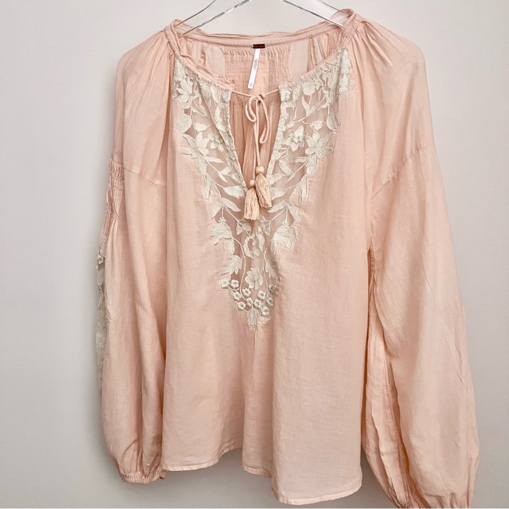 Free People Pale Peach Embroidered Lightweight Cotton Peasant Blouse - Picture 9 of 16